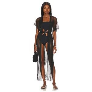 Luli Fama Long Caftan Women S Black Mesh Sheer Fringe Swim Coverup Boho Chic